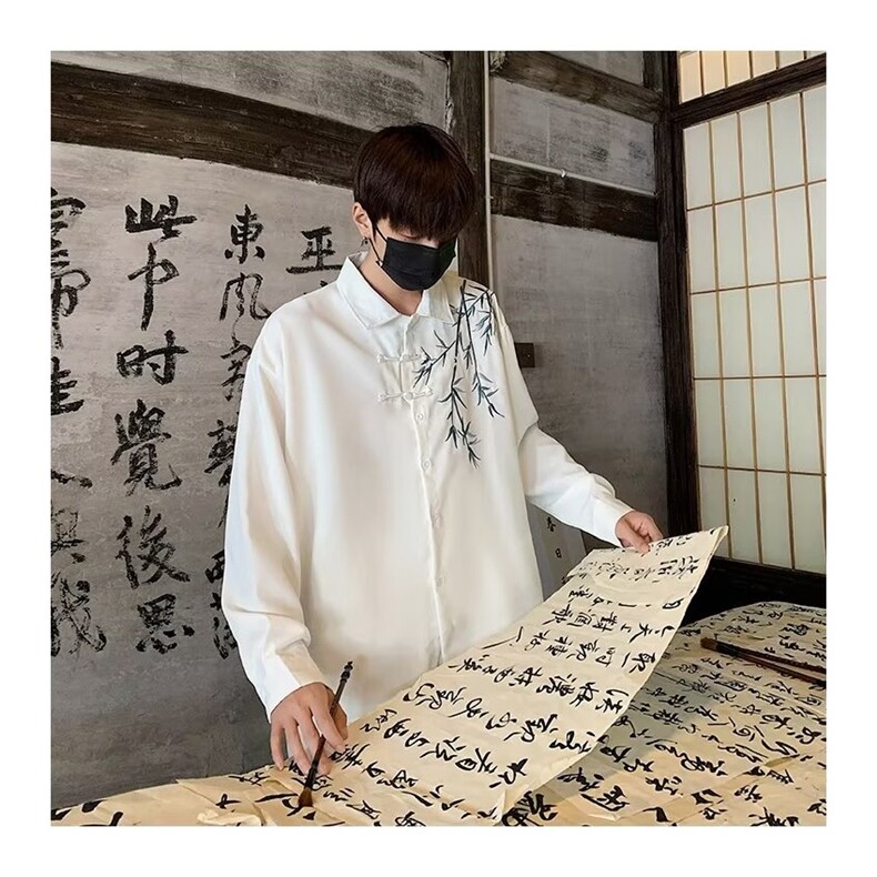 中古风风刺绣衬衫男秋季新款大码宽松长袖衬衣高级感痞帅男装潮,男装衬衫,星座506A