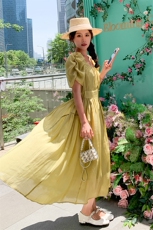 绿色收腰显瘦天丝连衣裙女2023夏季新款法式温柔轻熟风气质桔梗裙，女装连衣裙，一九零