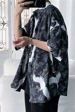 CS08-P45夏季大码港风薄款冰丝仙鹤印花男士半袖衬衫短袖衬衣，男装衬衫，电商B369（原A024）