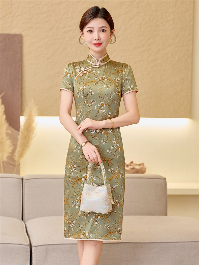杭州品质真丝中长裙复古印花连衣裙女春夏日常修身潮流真丝旗袍,女装汉服/婚纱/旗袍/礼服,小荷流