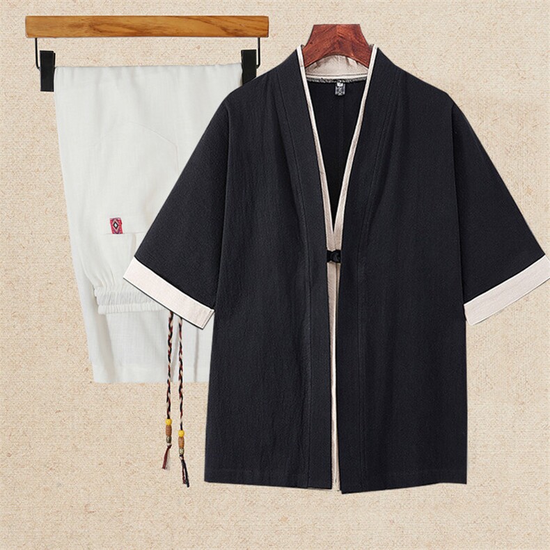 男装五分袖T恤套装古风风+亚麻灯笼裤QT2026-M125+K40-P48图片