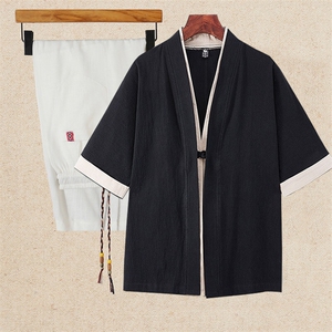 男装五分袖T恤套装古风风+亚麻灯笼裤QT2026-M125+K40-P48图片
