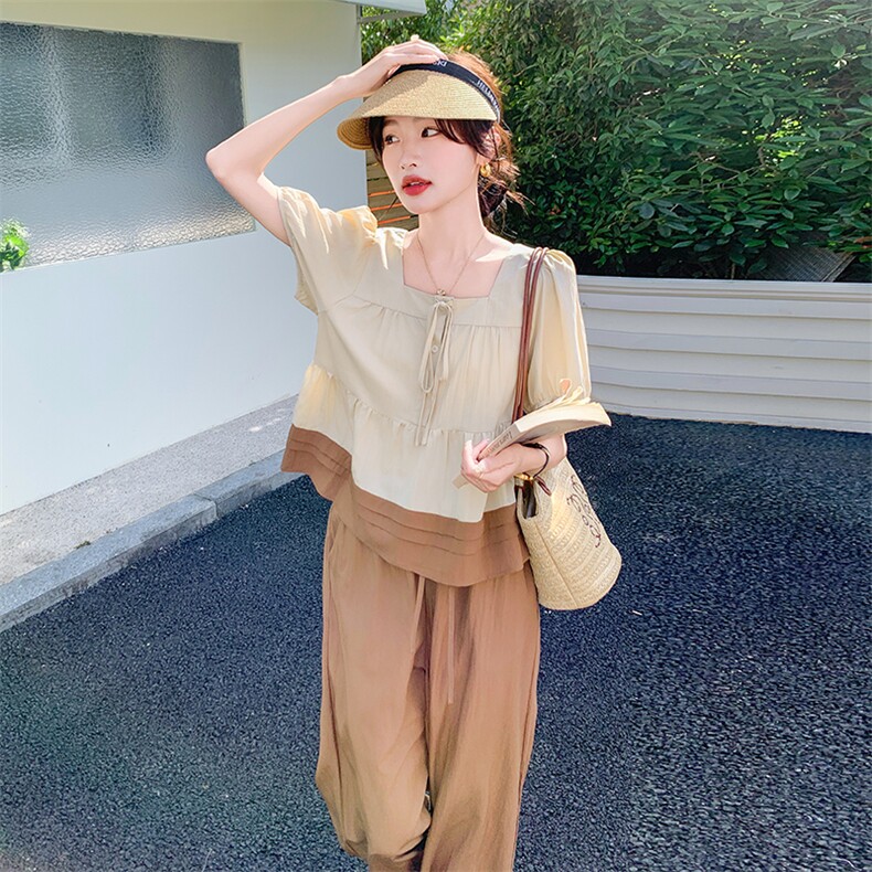 慵懒松弛感休闲套装女2025夏季穿搭一整套泡泡袖上衣阔腿裤两件套,女装套装/套裙,维壹