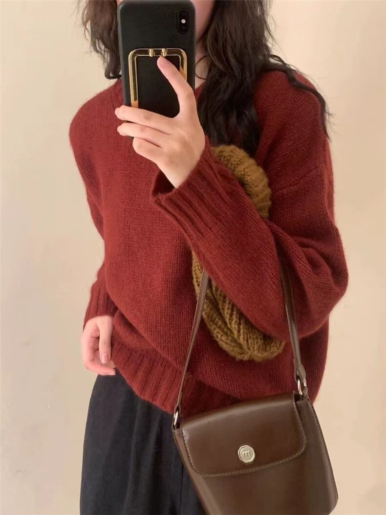 秋冬慵懒风软糯宽松短款小众毛衣韩版加厚圆领针织衫外穿,针织衫/毛衣,半城羊绒