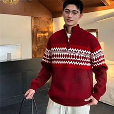 春秋季毛衣男士立领加厚加绒条纹宽松潮流上衣保暖针织打底衫男装，男装T恤，星座715-4