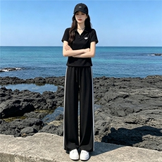 韩系穿搭一整套时尚套装女夏季新款撞色拼接半开领上衣长裤两件套，女装套装/套裙，江南