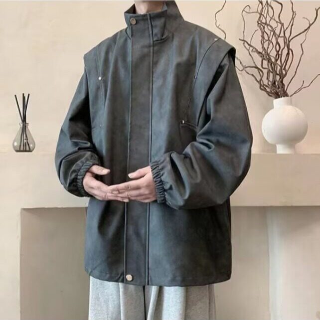 复古做旧磨砂PU皮衣男夹克秋季外套加肥加大码潮胖人宽松休闲痞帅,男装皮衣,星座1210-1