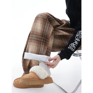 加绒加厚毛呢黑白格休闲宽松直筒抽绳阔腿裤图片