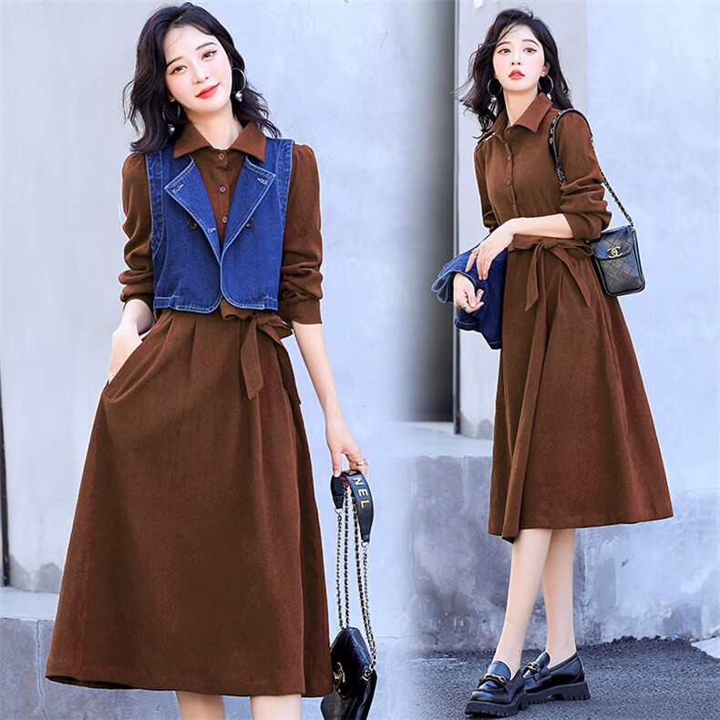 2024春季新款时尚减龄中长款长袖双排扣牛仔马甲连衣裙两件套现货，女装连衣裙，天丝秀