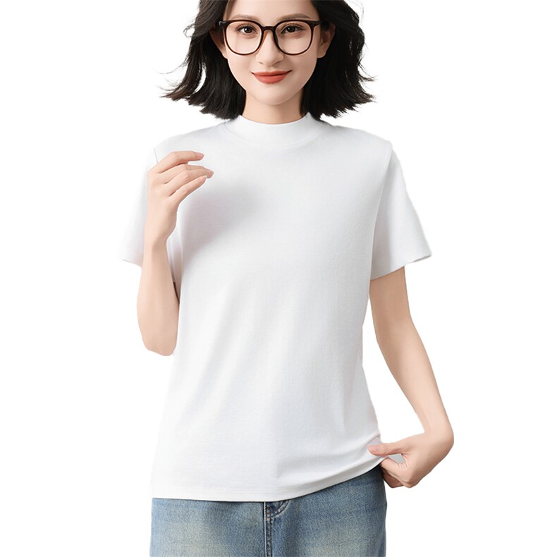 简约风液氨纯棉短袖T恤女2025新款宽松显瘦正肩t恤立领半袖打底衫,女装T恤,元素羊绒