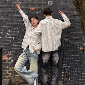 美式潮牌高街复古泡泡纱竖条纹日系肌理长袖衬衫男女休闲宽松衬衣图片
