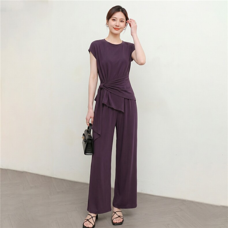 高端休闲时尚套装女夏季新款修身显瘦圆领系带短袖上衣长裤两件套,女装套装/套裙,江南