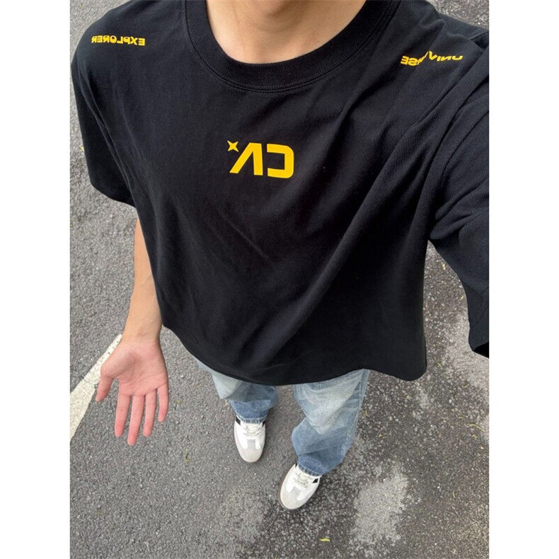 M665-P35高版本现货#全刺绣包边拉肩宽松休闲短袖T恤,男装T恤,星座617A-1（原B318A）