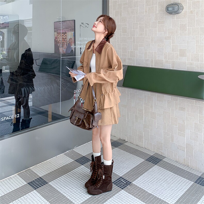 秋季新品复古翻领可收腰夹克短裤两件套2C285-2856-P185-K278,女装套装/套裙,2C285