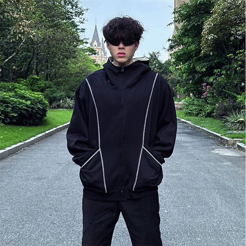 抖音得物高品质秋冬美式高街重磅结构辑明线纹理连帽卫衣外套W111，男装卫衣，电商A486