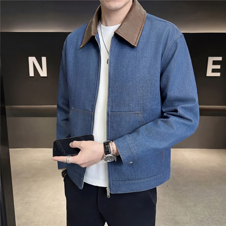 春款轻熟抖音小伙牛仔拼皮纯色休闲夹克店主风A236-JK661-P130,男装夹克,电商A236