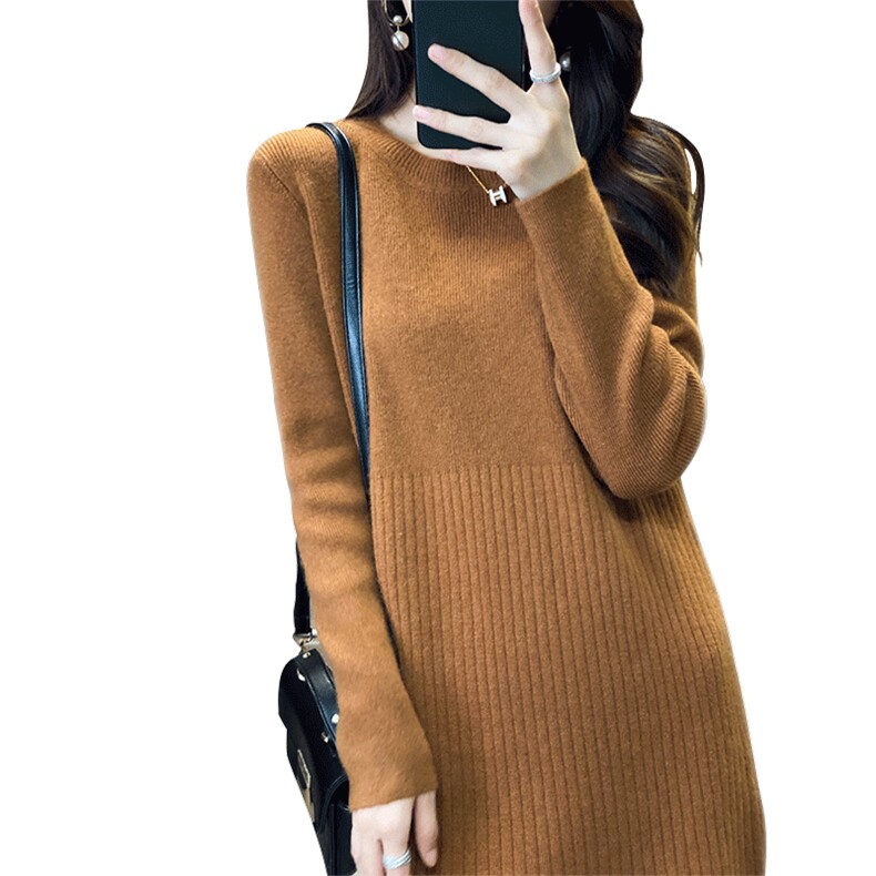 秋冬季羊毛休闲时尚通勤内搭百搭中长款不同抽条圆领连衣裙,女装连衣裙,越洋羊
