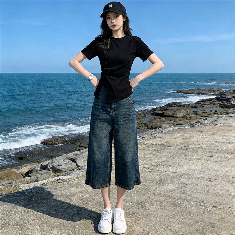 时尚简约套装女夏季新款收腰显瘦圆领开叉短袖阔腿牛仔中裤两件套,女装套装/套裙,江南