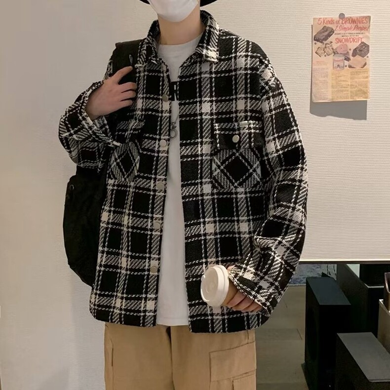 格子衬衫男ins港风日系外套长袖痞帅衬衣春秋设计感小众上衣秋季,男装衬衫,星座218-8
