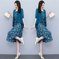 2022年春季时尚简约大方气质优雅收腰显瘦碎花裙两件套，女装套装/套裙，香水丽阁