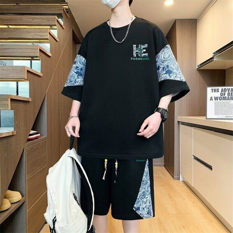 TZ25303-P55夏季休闲T恤短裤男两件套港风学生宽松短袖运动套装,男装牛仔裤,电商D310B