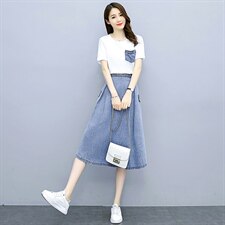 2021夏季新款简约时尚气质减龄圆领牛仔半身裙两件套，女装套装/套裙，天丝秀