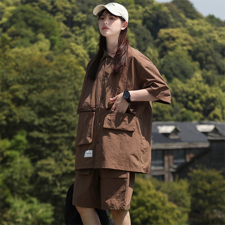 夏款中性风纯色翻领衬衫潮绣标短裤半袖套装男女8715-P80控价128,男装衬衫,电商A441-1
