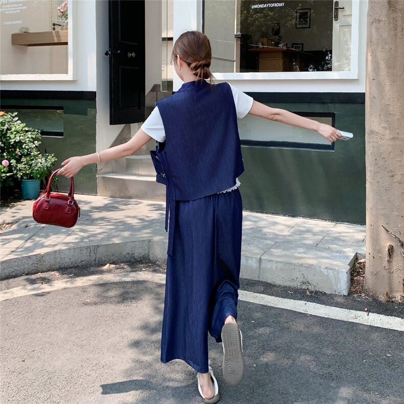 时尚复古刺绣绣花马甲套装女夏季2025年新款短袖T恤阔腿裤三件套,女装套装/套裙,2C177