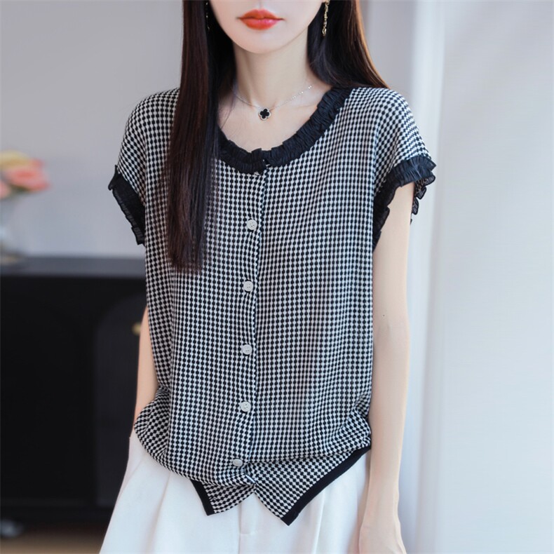 撞色格子飞飞袖针织衫女欧洲站2025夏装新款欧货女装洋气打底衫潮，女装T恤，源达羊绒