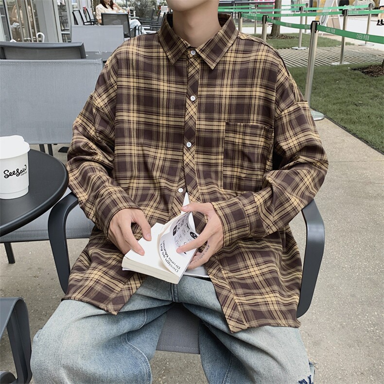 A860-P38格子衬衫男款2023秋季日系复古宽松外套潮流百搭衬衣,男装衬衫,星座512-6