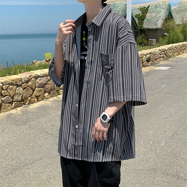 衬衫男设计感小众慵懒风条纹短袖衬衣日系上衣七分袖W1041-P32,男装夹克,星座512-2