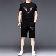 YS-X332夏季男式短袖长裤短裤三件套运动休闲套头修身T恤套装P132，男装休闲套装，电商B360