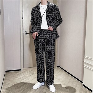 阔版宽松休闲西装套装个性花西服两件套TZ04/P100特图片