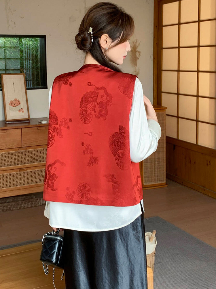 2026年春季新中式g风提花洋气百搭无袖马甲,女装马甲,超帛