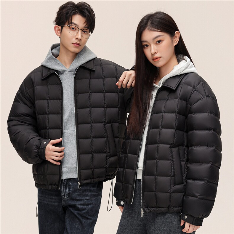 新标90%轻薄羽绒服复古棋盘格翻领男女情侣外套夹克DB186-P210图片