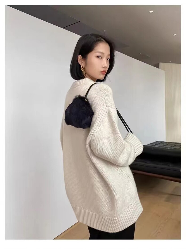 秋季女士宽松简约百搭纯色三股廓形圆领打底衫,女装羊毛衫,恒恩羊绒