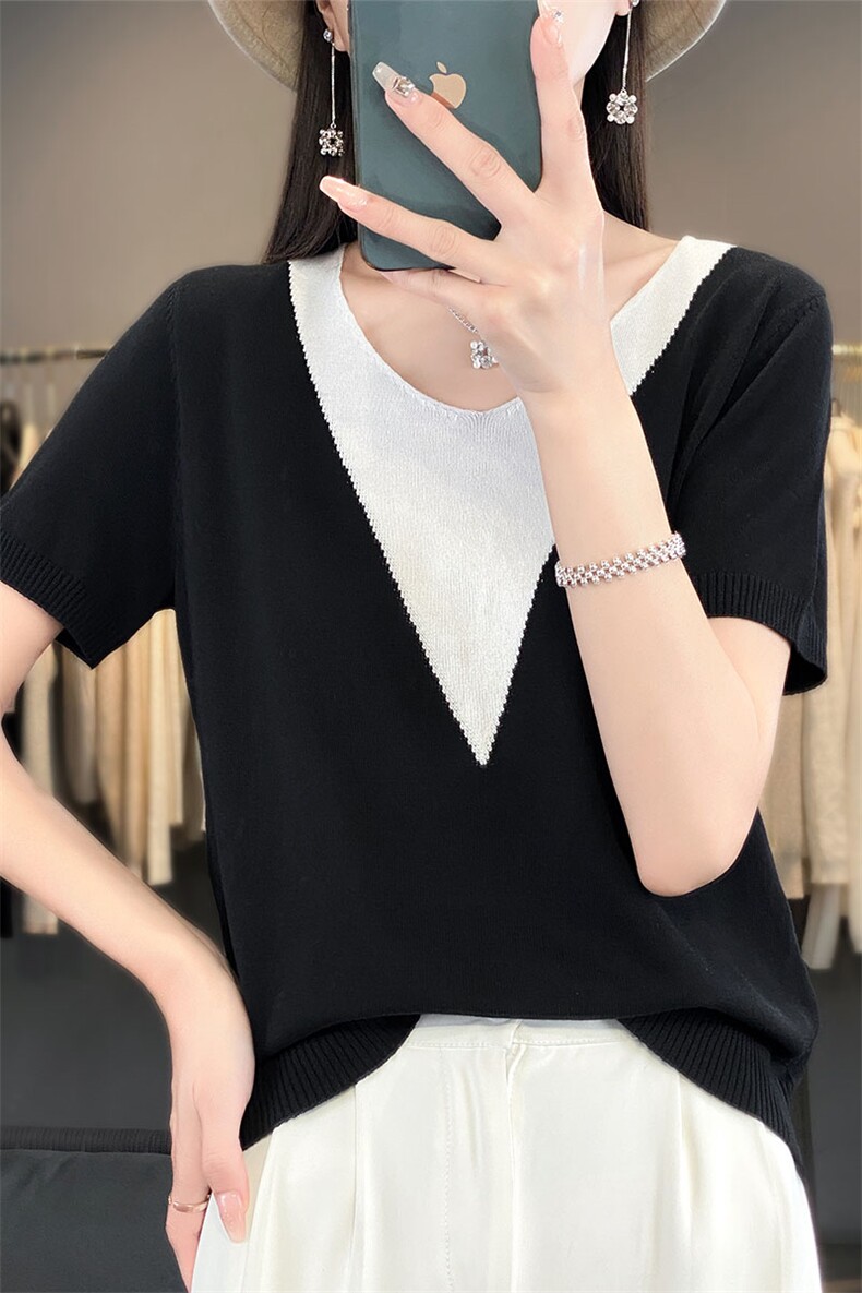 法式高级V领冰丝针织短袖T恤女2025夏季新款宽松正肩薄款百搭上衣,针织衫/毛衣,萱芳婷羊绒
