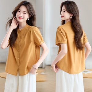 纯棉短袖衬衫女夏季2025年新款中年妈妈宽松休闲减龄百搭圆领上衣，女装衬衫，木子恋