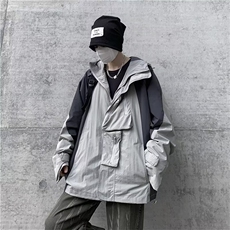 男女同款宽松休闲拼接夹克潮机能风拉链连帽冲锋衣W5917-P64，男装夹克，星座512-2