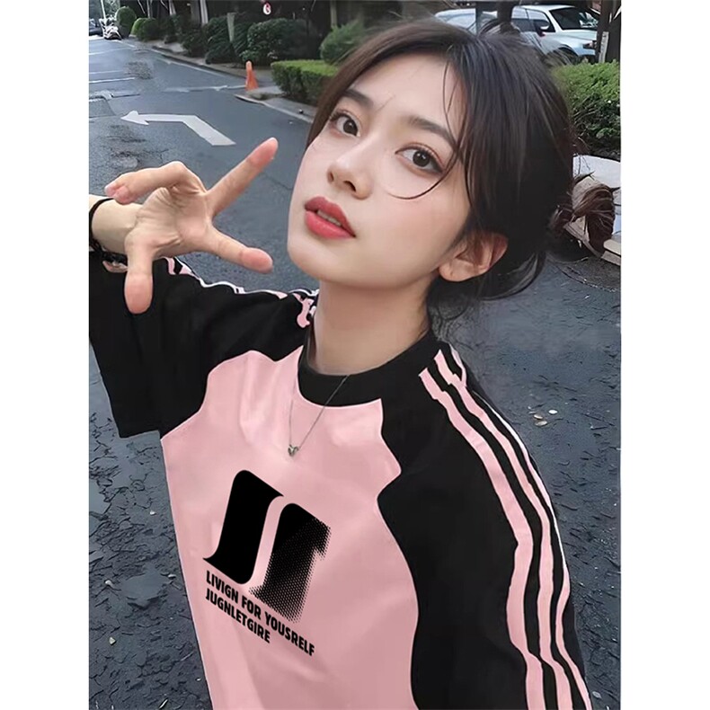 夏季美式高街重磅纯棉三条杠织带插肩撞色男女短袖T恤CZ60-特P25,男装T恤,电商A486