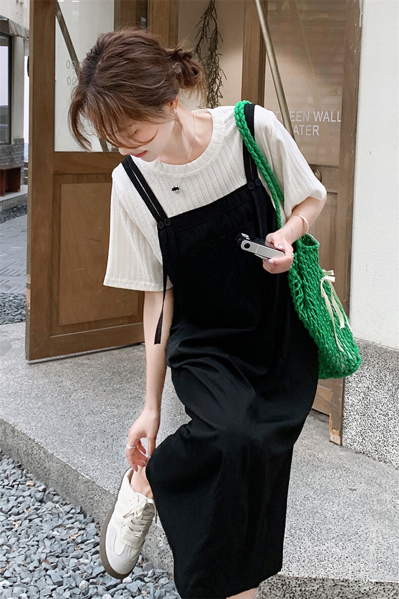 黑色假两件拼接连衣裙女2025夏季新款韩系设计感宽松显瘦T恤长裙,女装连衣裙,2C206