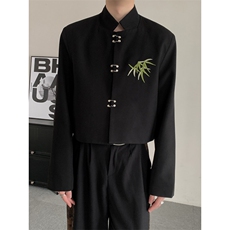 初秋新中式发型师无性别竹叶刺绣短款西装外套上衣男女休闲西服，男装西服套装，星座909