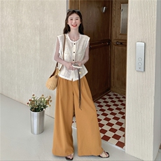 法式收腰花边马甲套装女2025夏季新款显瘦度假风高腰阔腿裤两件套，女装套装/套裙，2C166