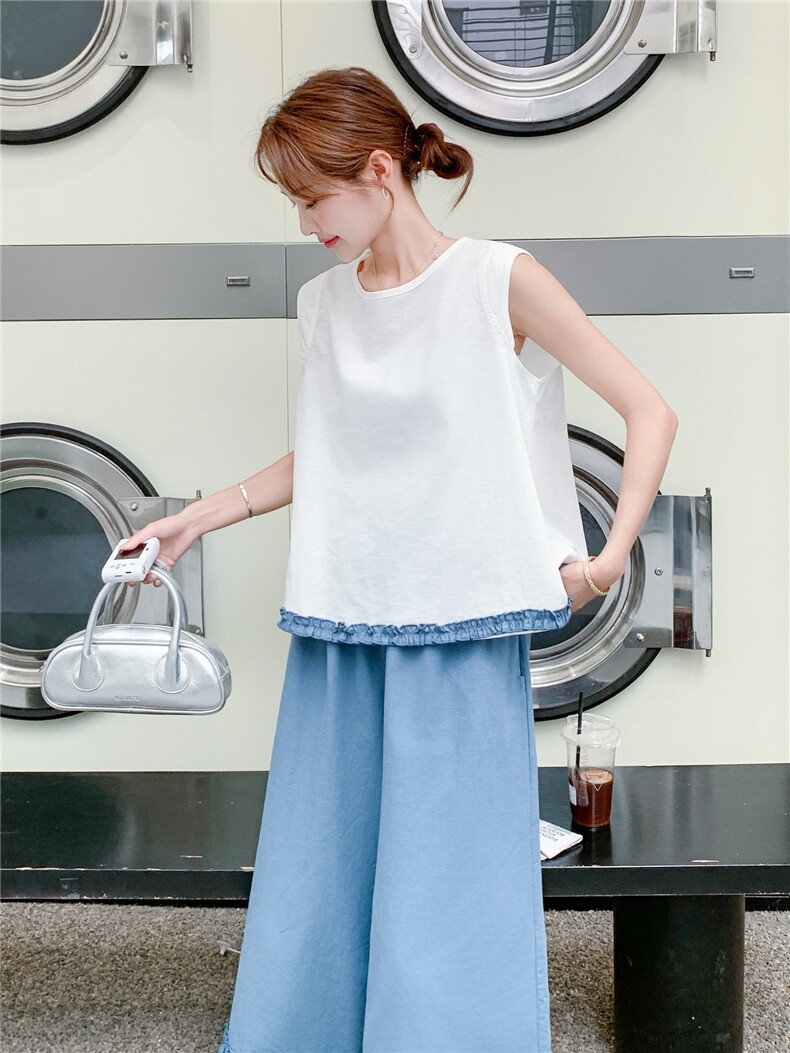 韩版温柔甜美木耳边背心套装女2025夏季新款显瘦撞色阔腿裤两件套,女装套装/套裙,慧尚2-185