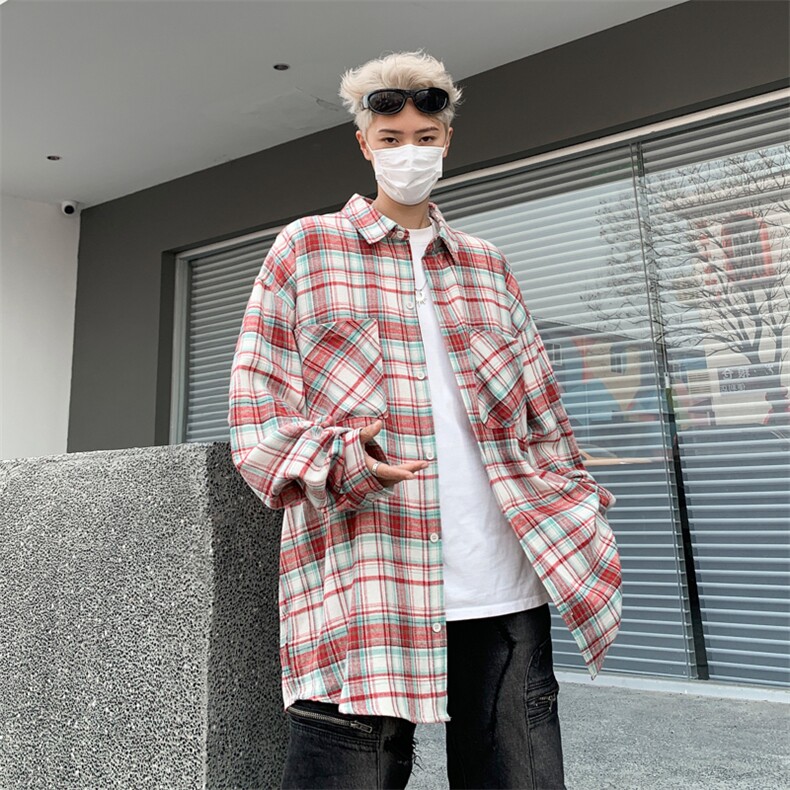 格子衬衫男士长袖2024春季新款港风美式复古ins潮牌宽松衬衣外套,男装衬衫,星座410-7