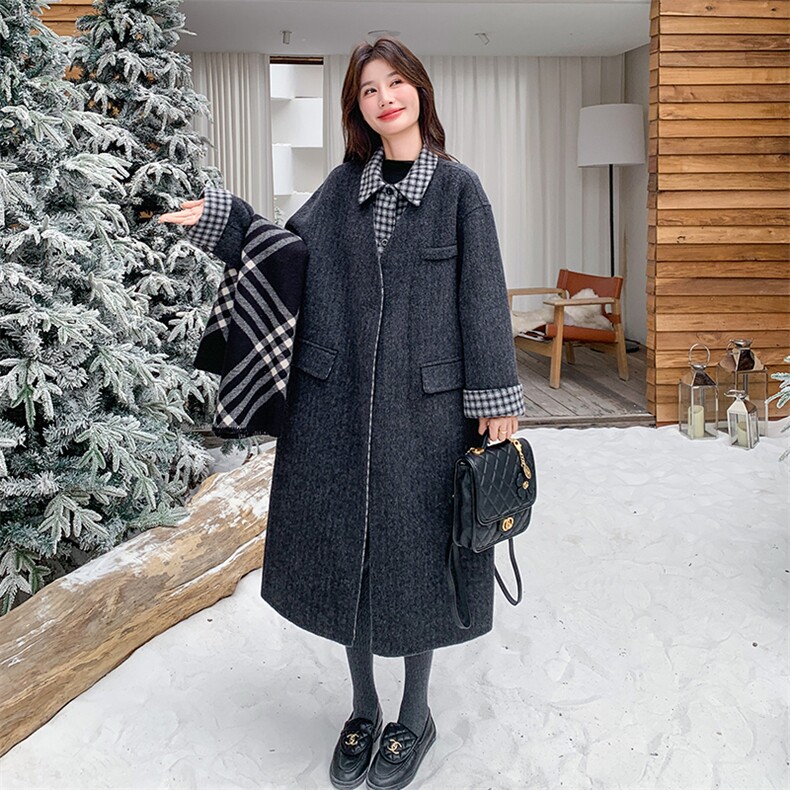 新款双面羊毛格子拼接外套766-P305-K438,女装毛呢外套,2C108