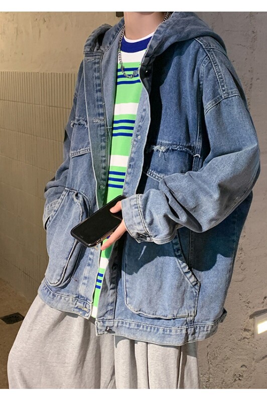 港风秋冬季宽松韩版上衣外套休闲连帽牛仔夹克男J/,男装夹克,电商D202-1