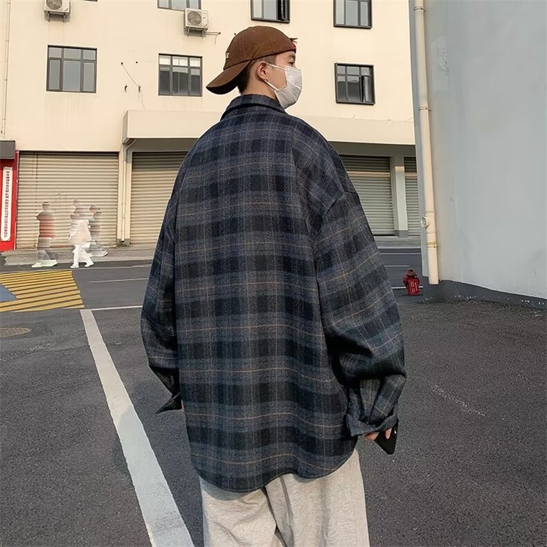 日系复古格子衬衫男春秋休闲外套长袖衬衣宽松潮牌上衣C1161-p65,男装衬衫,星座1008