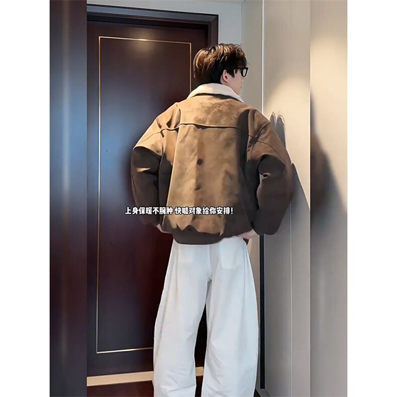 现货重磅硬挺boxy羽绒棉衣座山雕羊羔毛领洗水麂皮棉服冬外套,男装棉衣,电商A486-1
