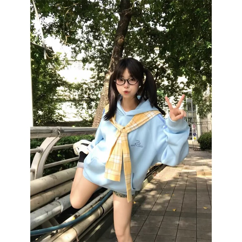 W10436-P53网图现货美式复古可拆卸格子披肩连帽卫衣宽松外套,女装短外套,星座1608